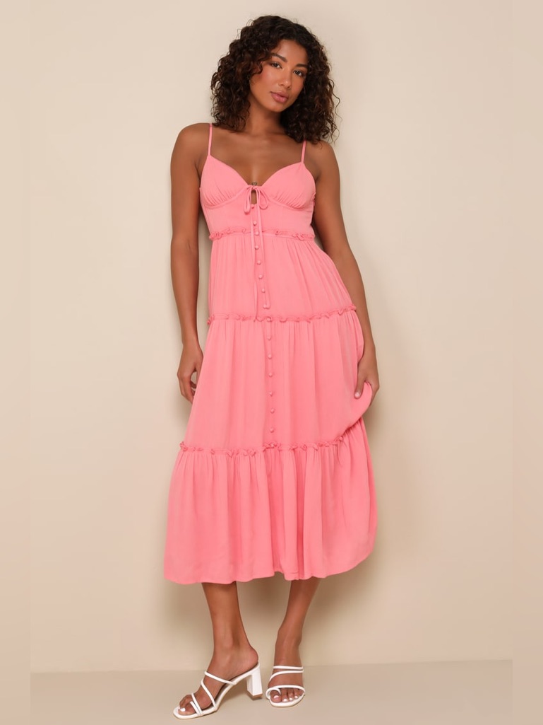 Nwt Lulus Sweetest Perception Coral Pink Ruffled Button-Front Midi Dress Xl Cute